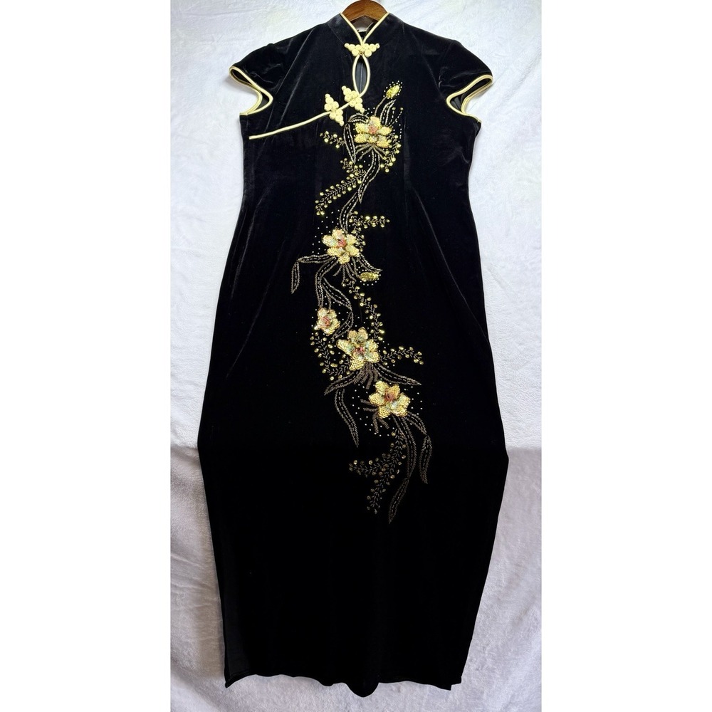 VTG Silver Dragon De Oriental Classic Black Velvet Qipao Maxi Dress Beaded XL